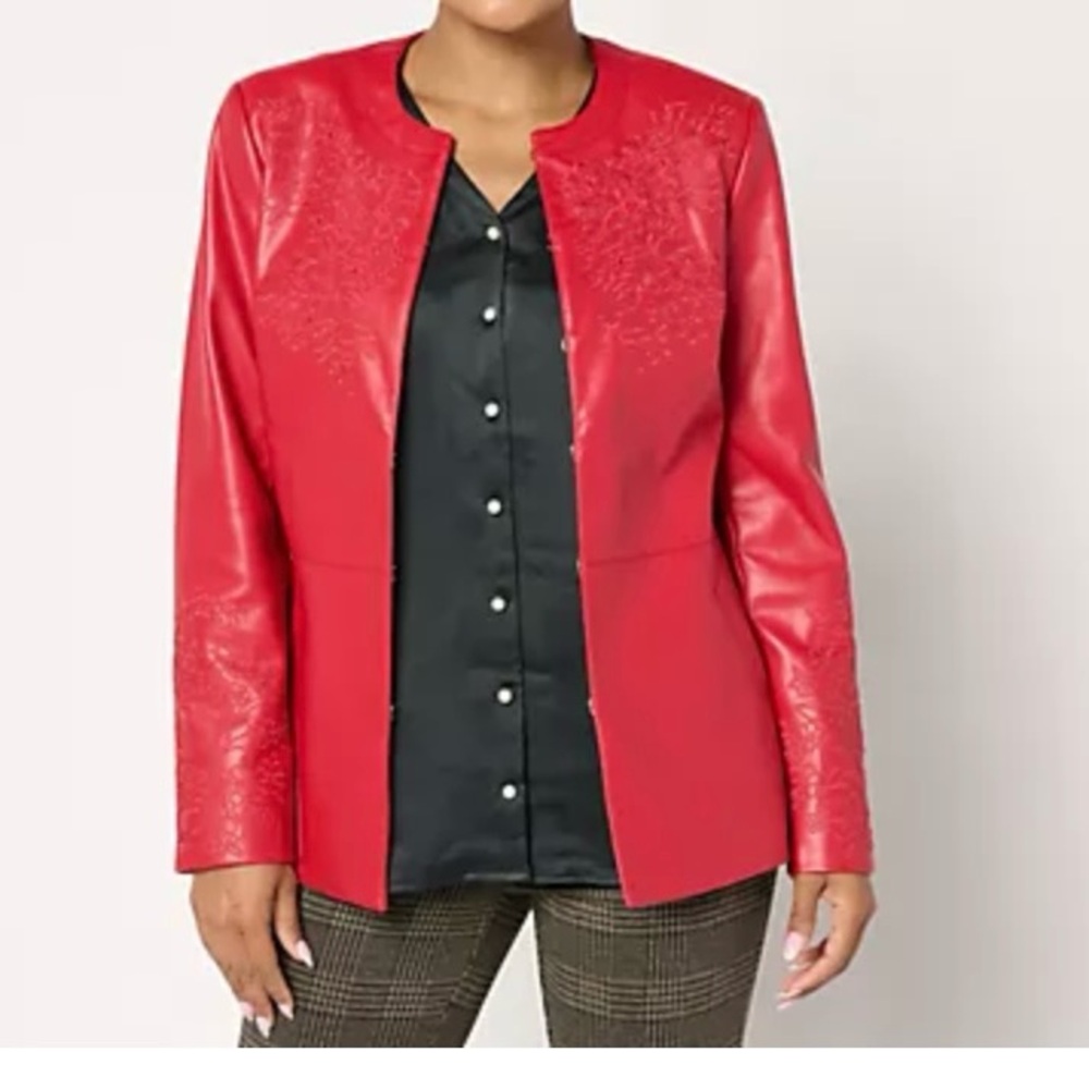 Isaac Mizrahi Live! Embroidered Faux Leather Jacket Women’s Red Currant X-Large
